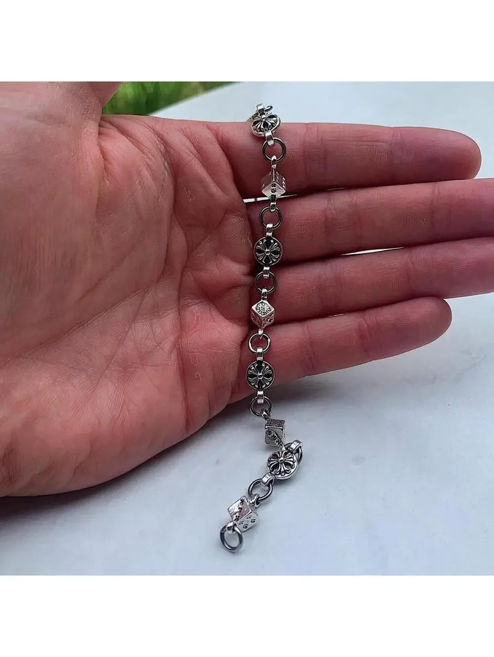 Y2k style grunge dice and gothic cross pendant silver punk bracelet. Comes new
